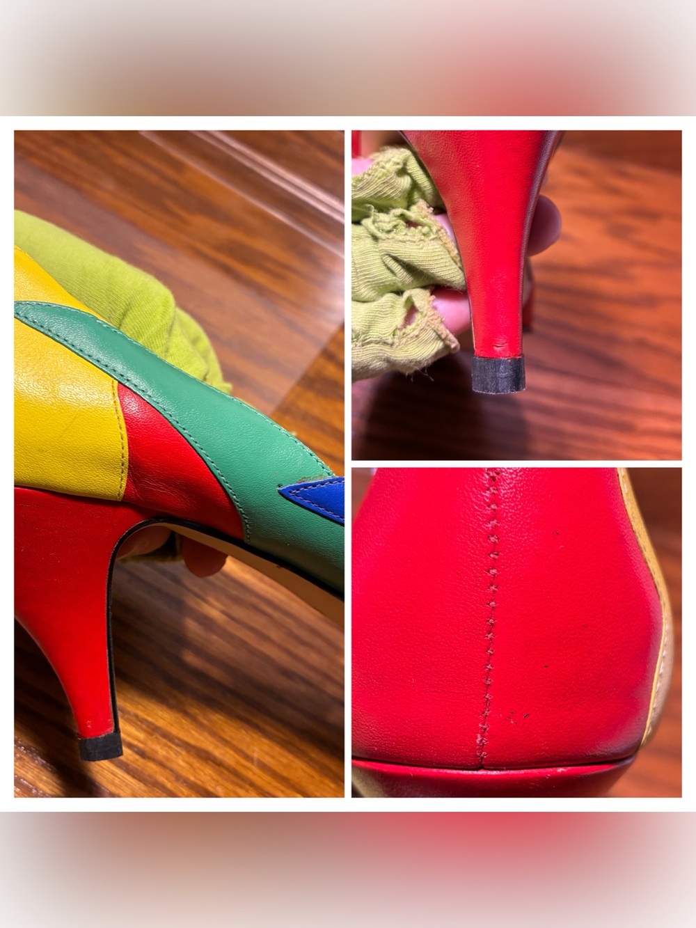 Vintage 80s 90s Calico Colorblock Leather Peep Toe Heels Size 10 - Picture 16 of 16